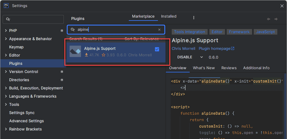 Alpine.js Support Plugin