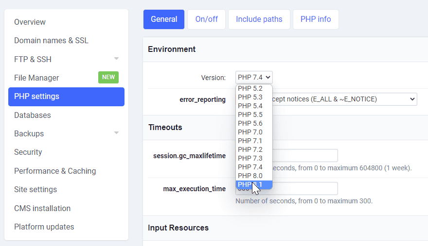 PHP settings