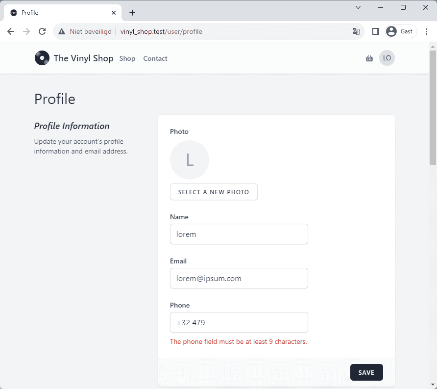 Update profile page validation error