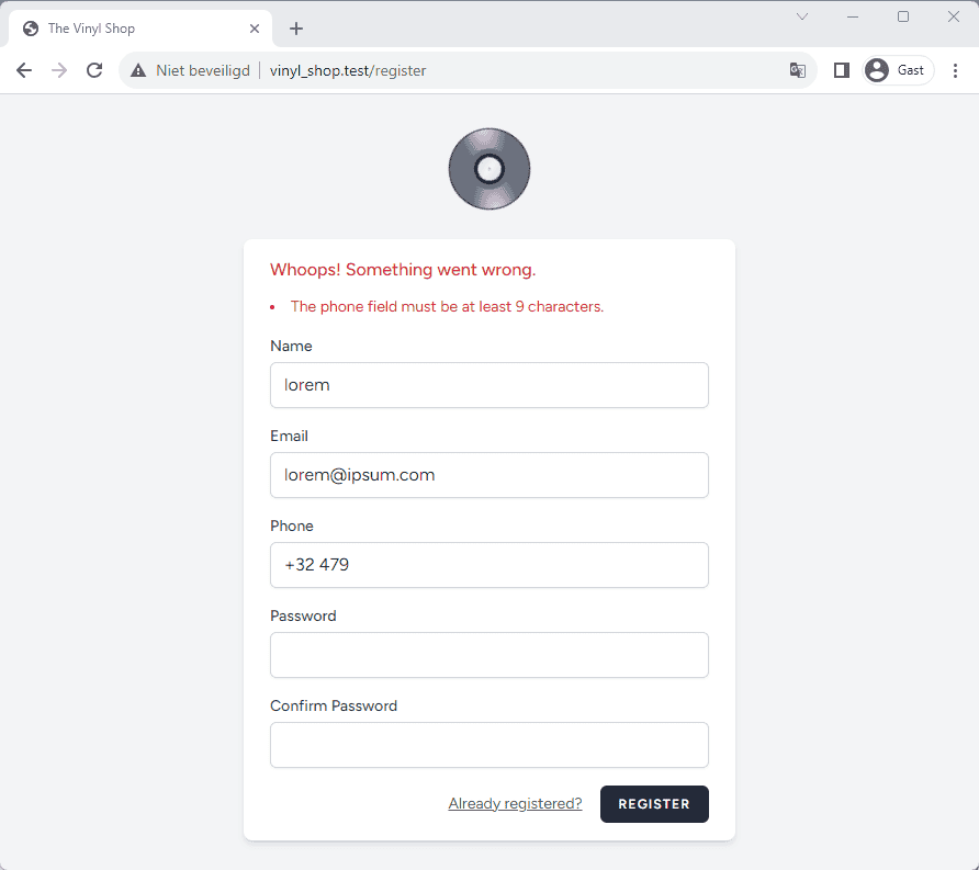 Register page validation error